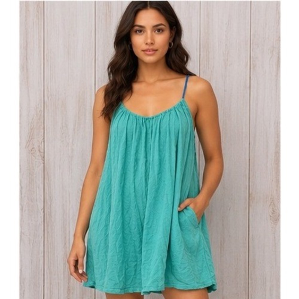 Vintage Victorias Secret Babydoll Dress Teal Textured Gauze Pockets Sleeveless